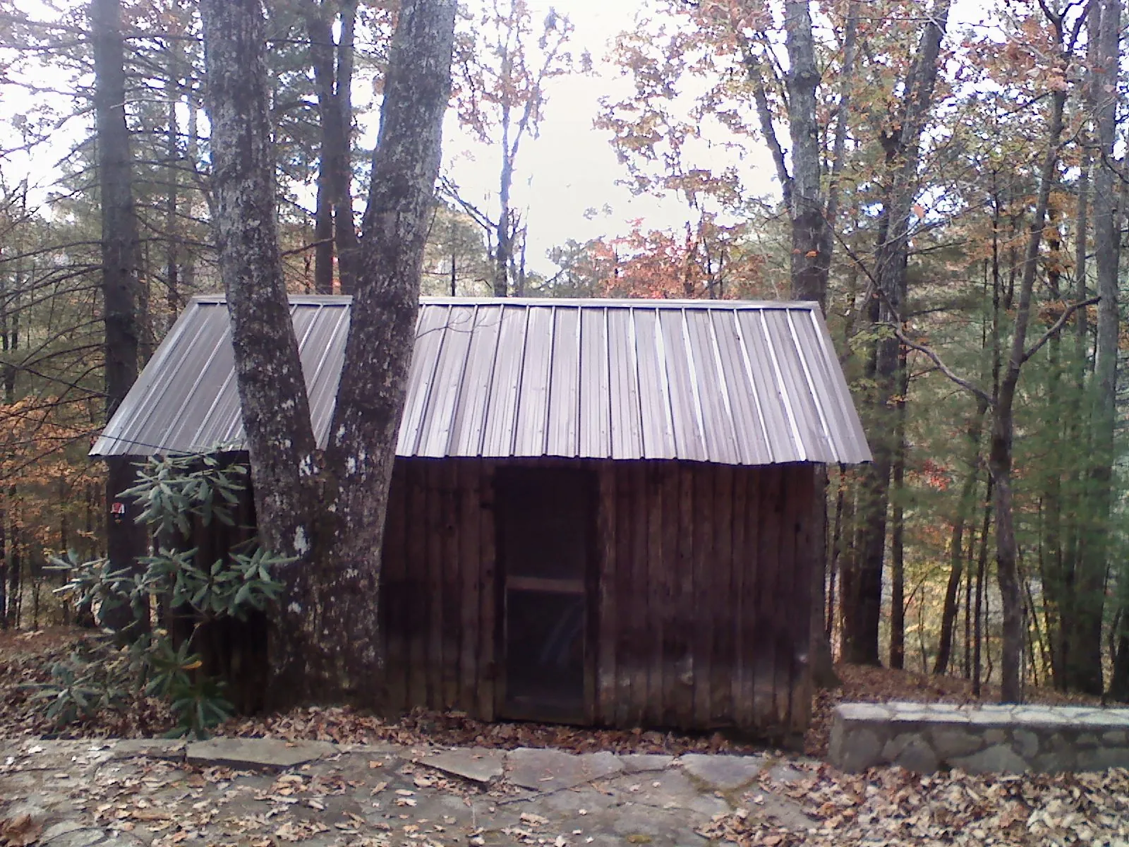 New metal gable roof on a small log shed among the trees in Smyrna